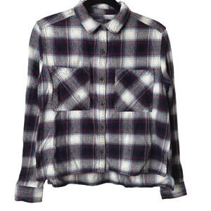 Black Red Blue White Plaid Cropped Long Sleeve Flannel Button Down Shirt M